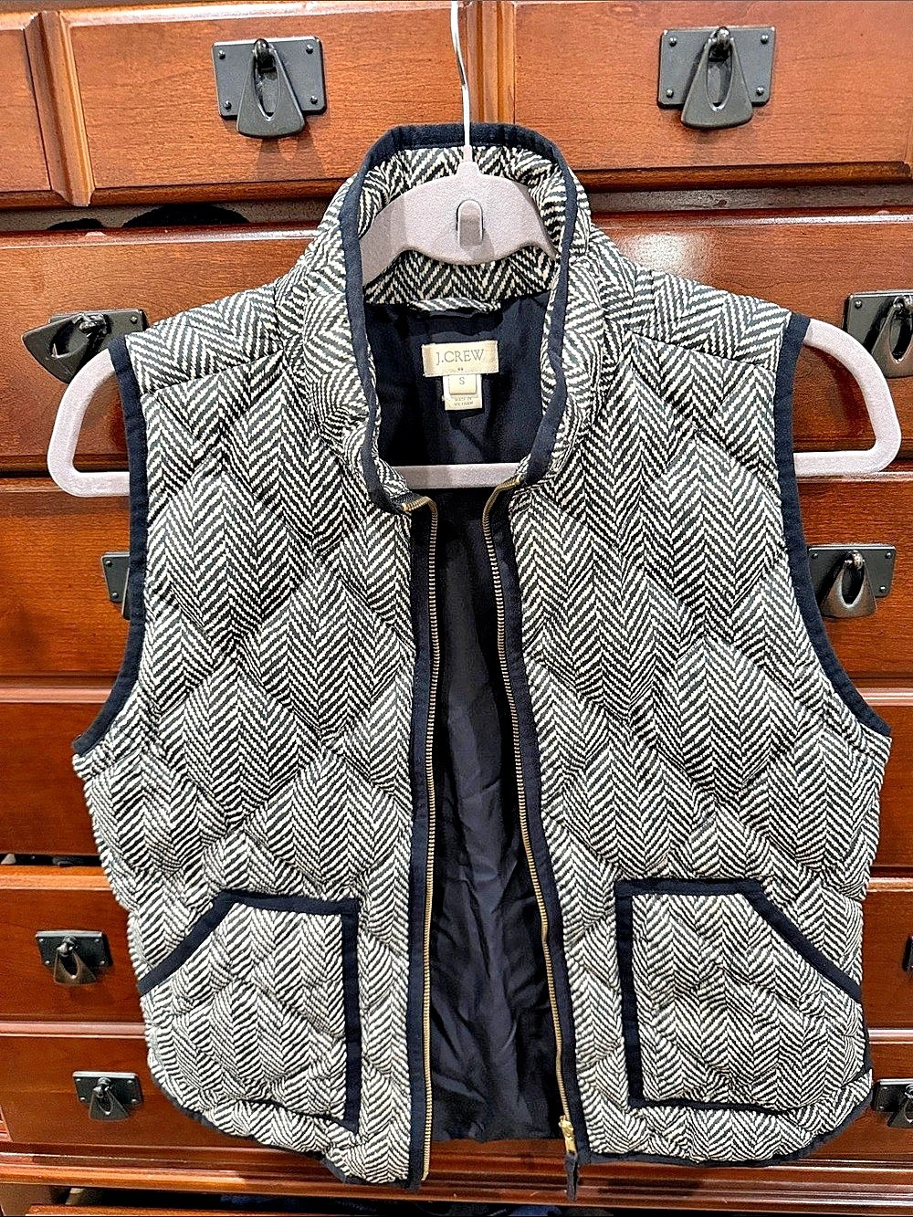 J.Crew Puffer Vest in Herringbone Black & White Size Small